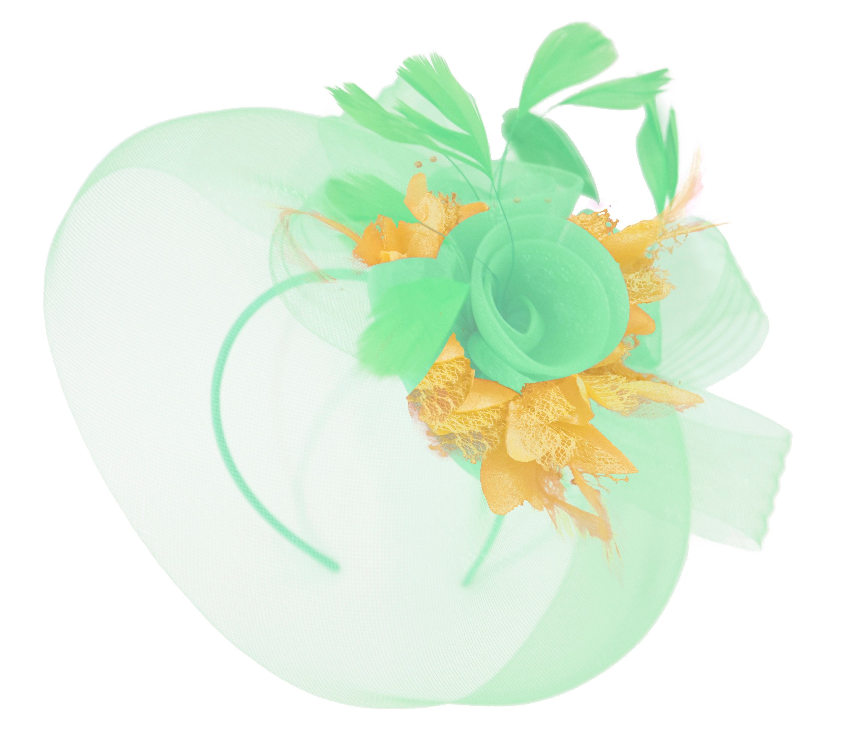 Caprilite Big Mint Green and Gold Fascinator Hat Veil Net Ascot Derby Races Wedding Headband Feather