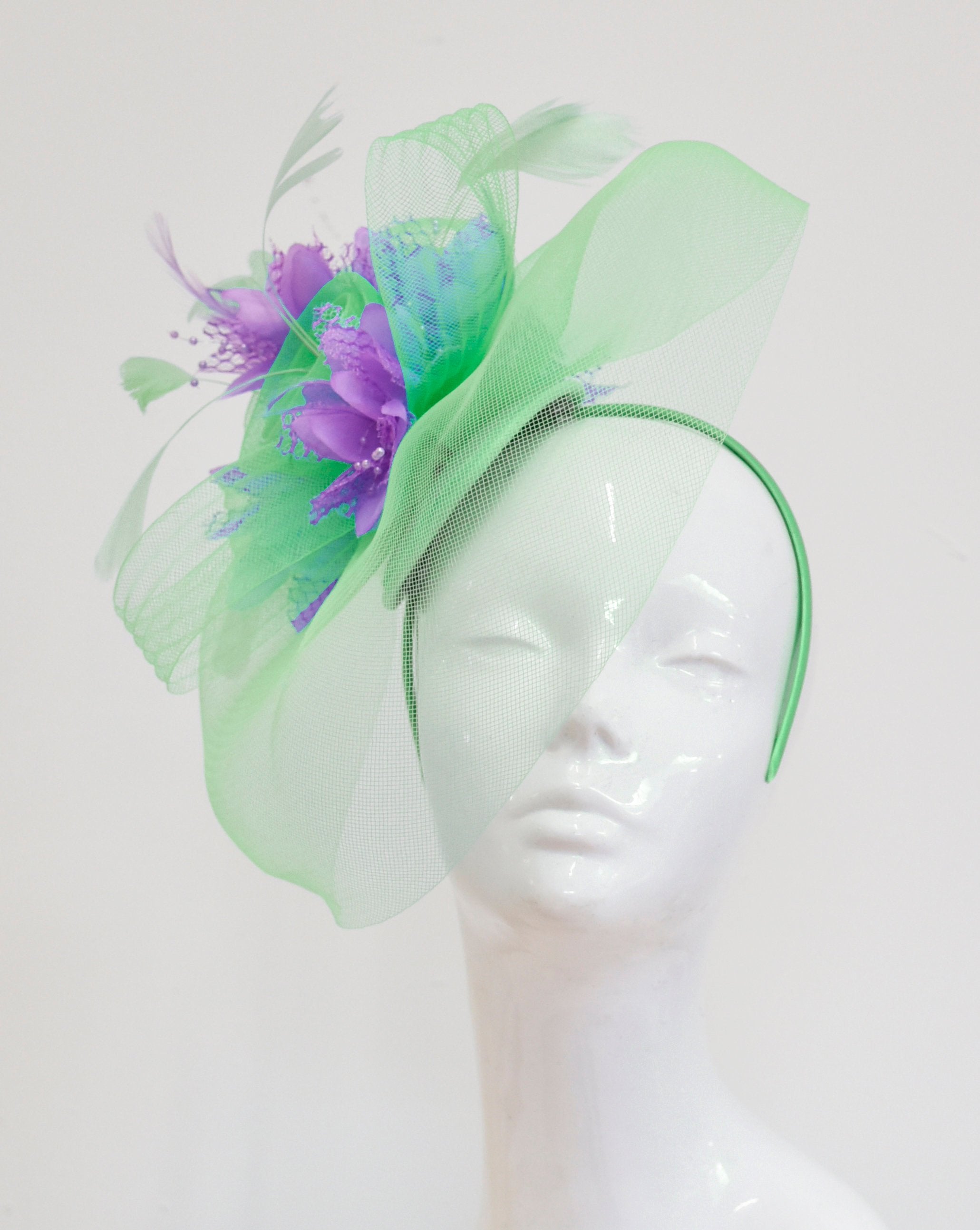 Caprilite Big Mint Green and Lilac Fascinator Hat Veil Net Ascot Derby Races Wedding Headband Feather