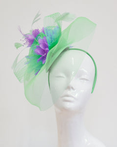 Caprilite Big Mint Green and Lilac Fascinator Hat Veil Net Ascot Derby Races Wedding Headband Feather
