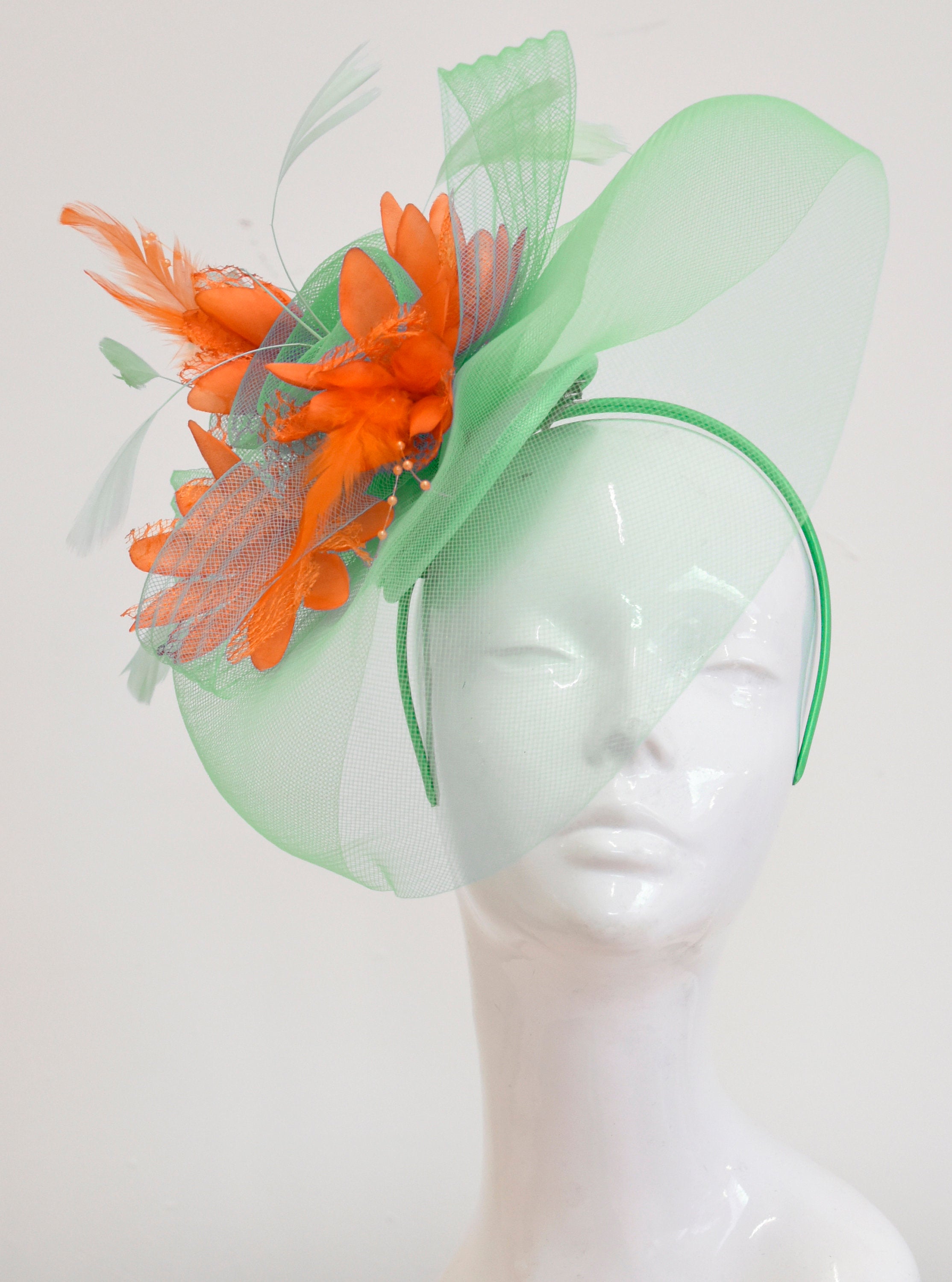 Caprilite Big Mint Green and Orange Fascinator Hat Veil Net Ascot Derby Races Wedding Headband Feather