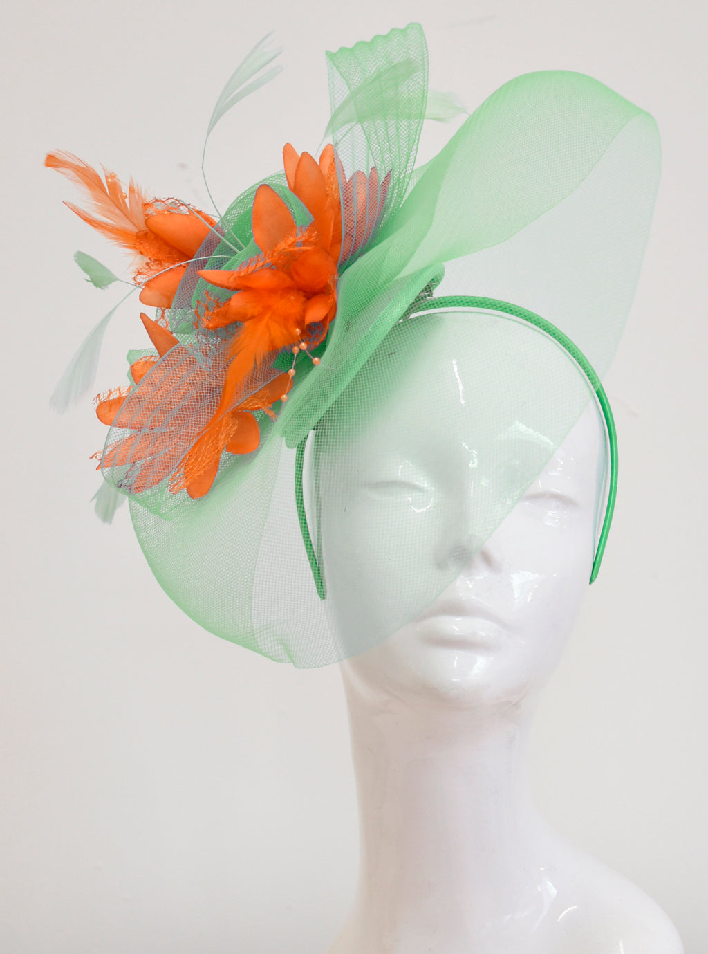 Caprilite Big Mint Green and Orange Fascinator Hat Veil Net Ascot Derby Races Wedding Headband Feather