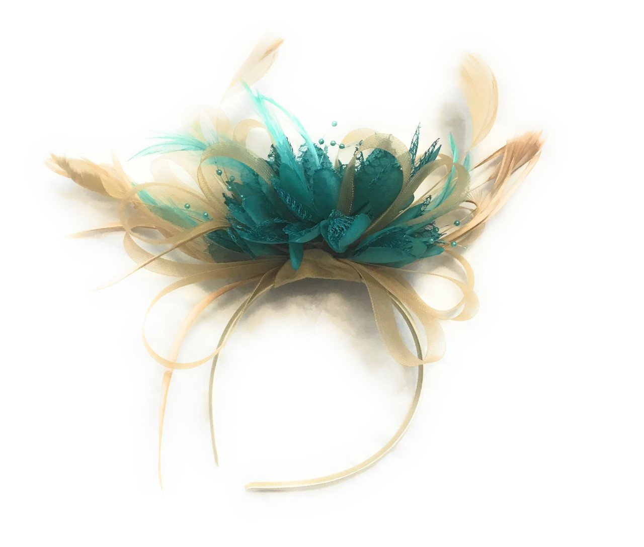 Caprilite Champagne Gold Beige Camel and Turquoise Green Fascinator on Headband Alice Band UK Wedding Ascot Races Derby