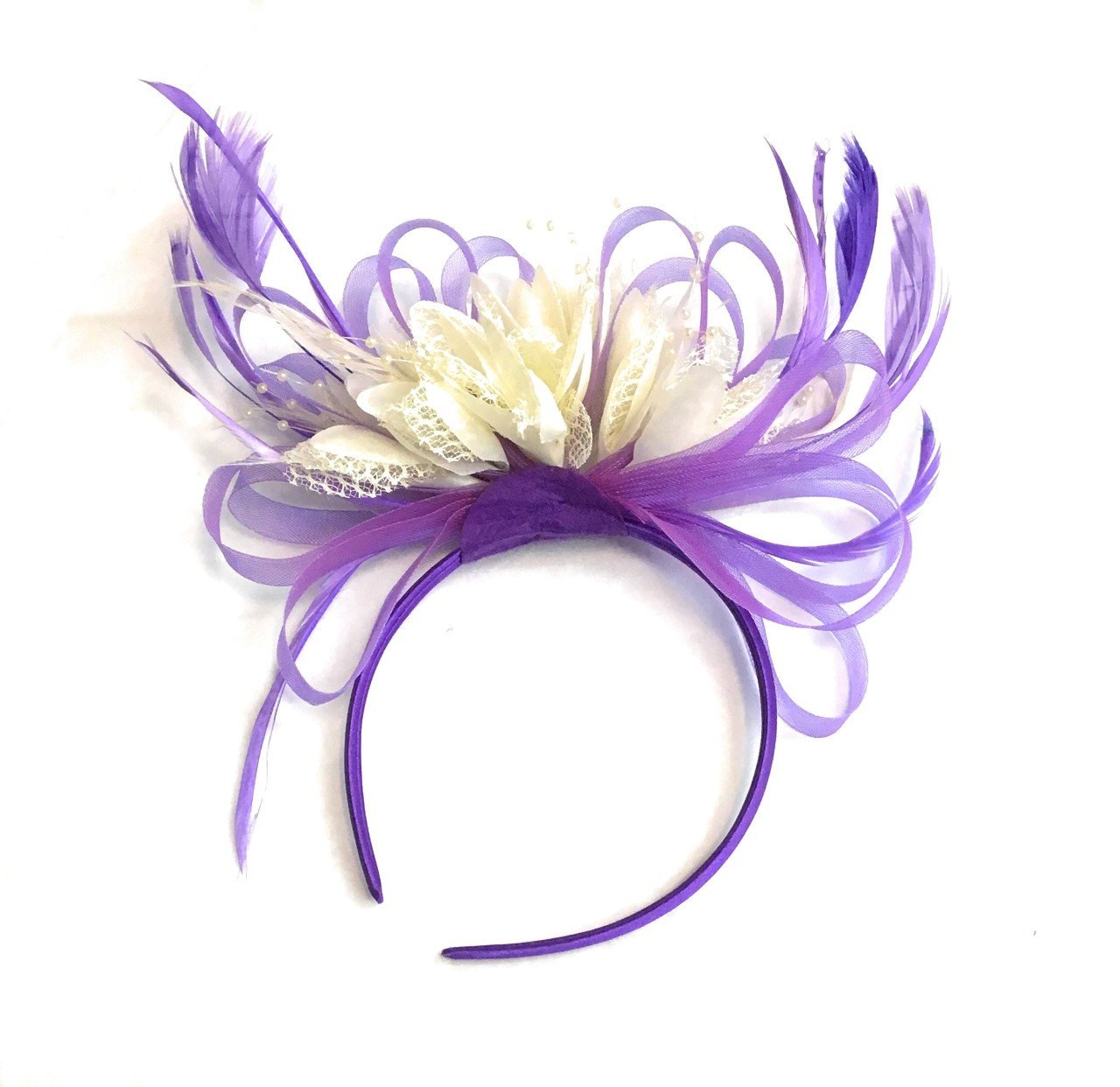 Caprilite Cadbury Purple & Cream Feathers Fascinator On Headband