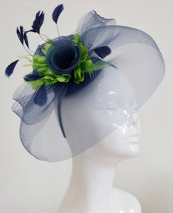 Caprilite Big Navy and Lime Green Fascinator Hat Veil Net Hair Clip Ascot Derby Races Wedding Headband Feather Flower