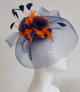 Caprilite Big Navy and Orange Fascinator Hat Veil Net Hair Clip Ascot Derby Races Wedding Headband Feather Flower
