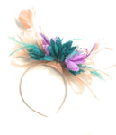Caprilite Peach Pink Hoop & Turquoise Aqua Green Lilac Purple Feathers Fascinator On Headband