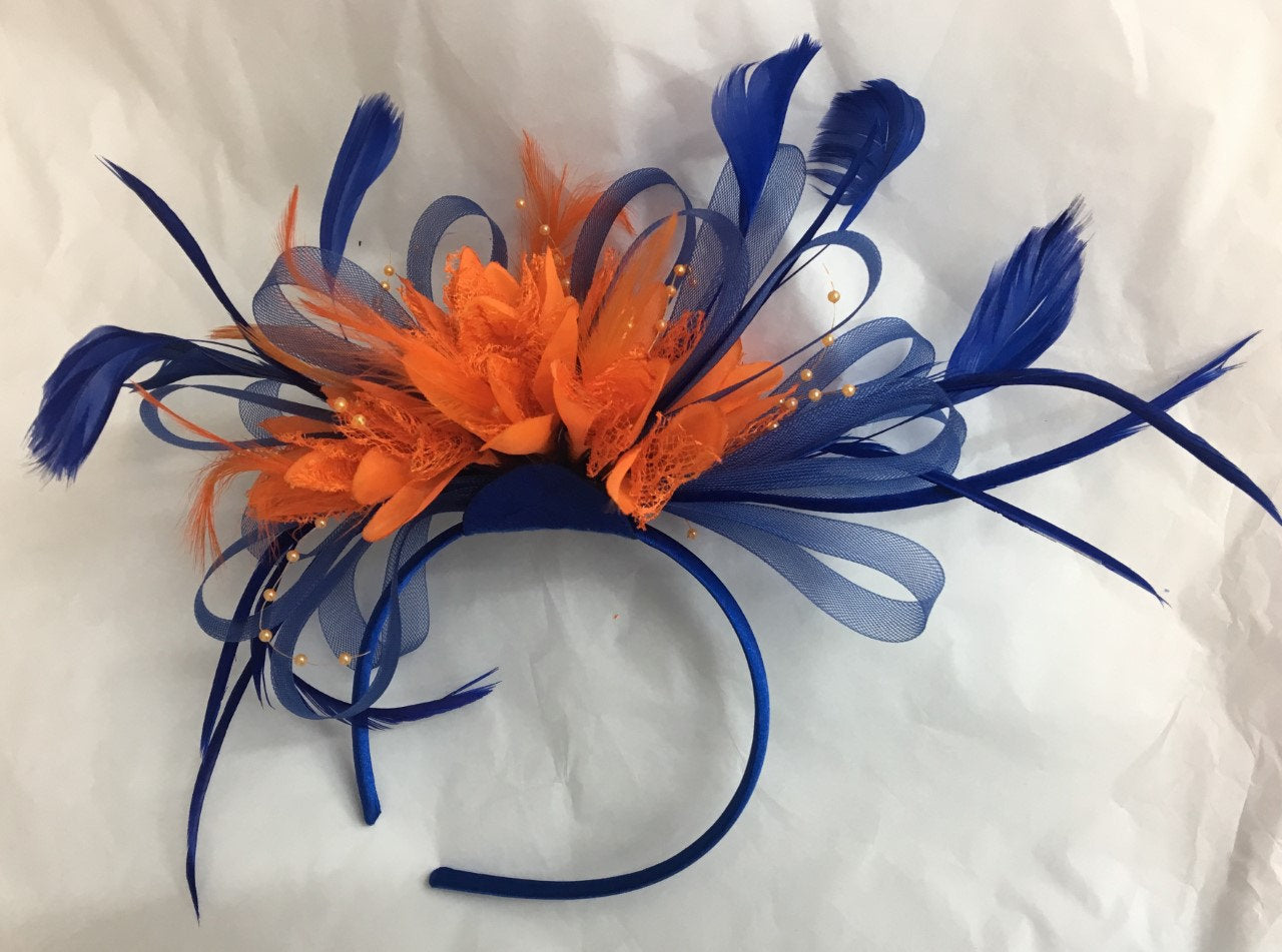 Caprilite Electric Royal Blue Hoop and Orange Feathers Fascinator on Headband