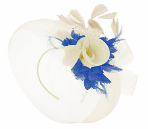 Caprilite Cream and Royal Blue Fascinator on Headband Veil UK Wedding Ascot Races Hatinator Women