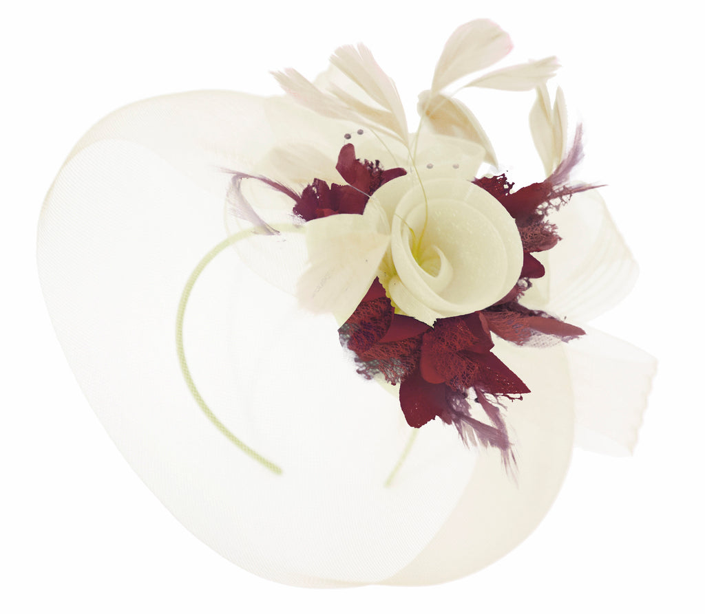 Caprilite Cream and Burgundy Fascinator on Headband Veil UK Wedding Ascot Races Hatinator Women