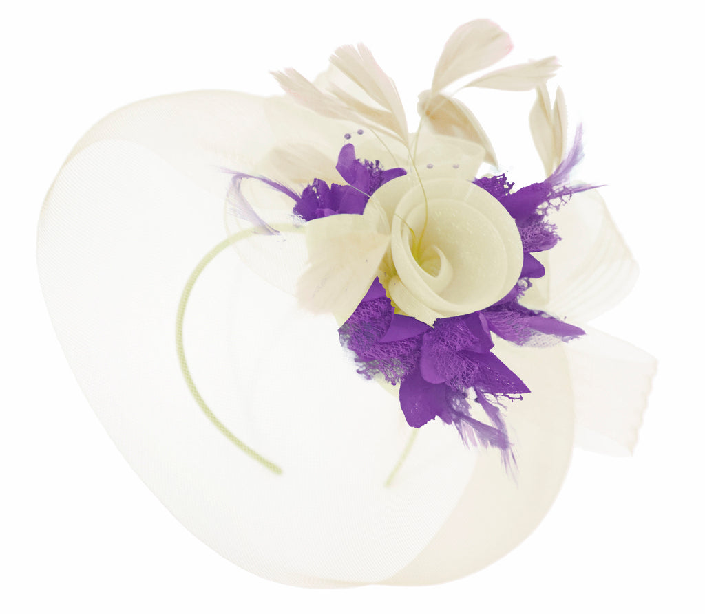 Caprilite Cream and Cadbury Purple Fascinator on Headband Veil UK Wedding Ascot Races Hatinator Women