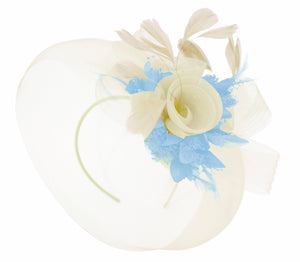 Caprilite Cream and Light Baby Blue Fascinator on Headband Veil UK Wedding Ascot Races Hatinator Women