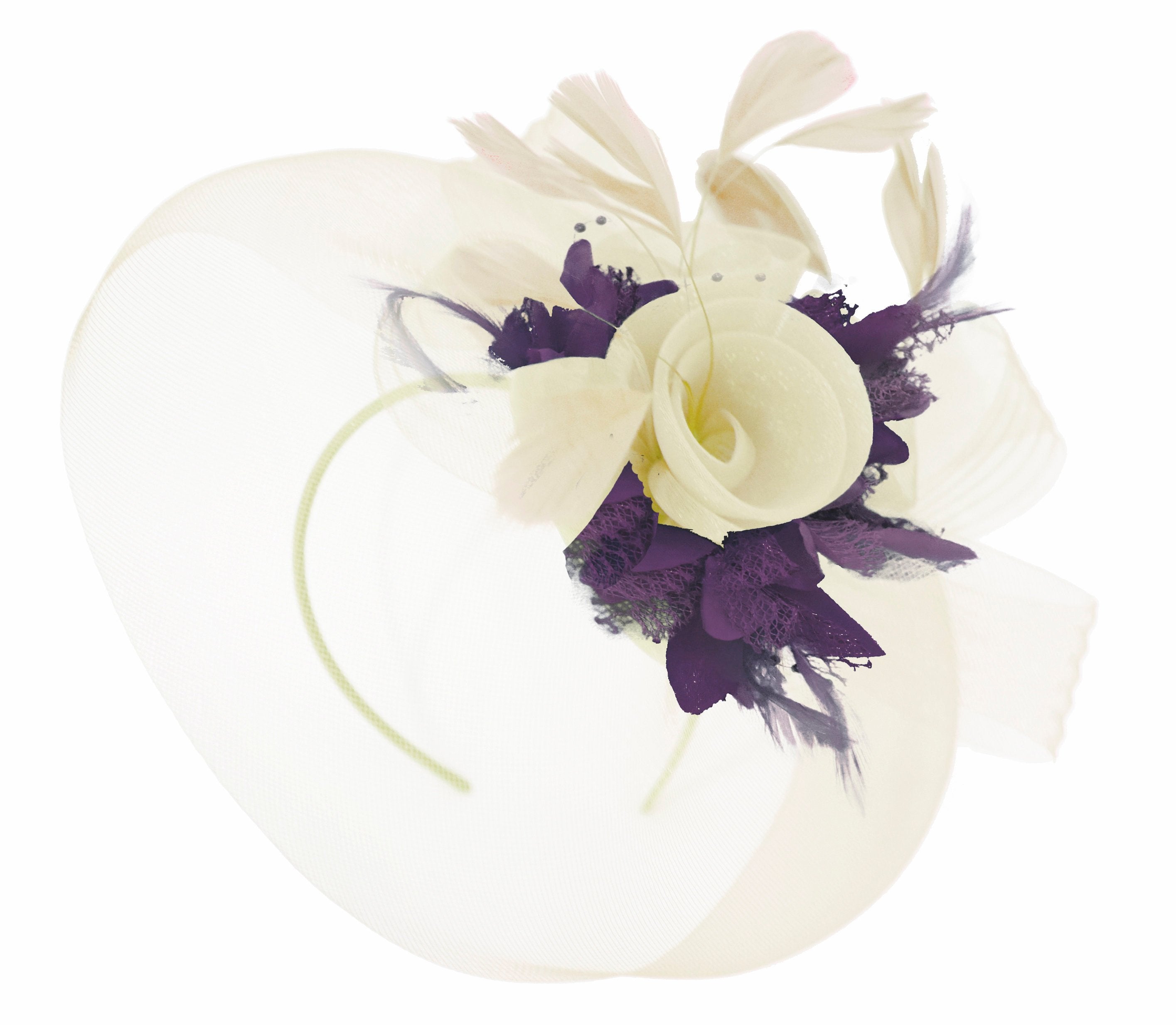 Caprilite Cream and Dark Purple Fascinator on Headband Veil UK Wedding Ascot Races Hatinator Women