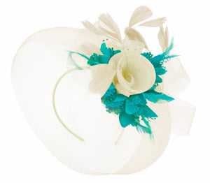 Caprilite Cream and Teal Turquoise Fascinator on Headband Veil UK Wedding Ascot Races Hatinator Women