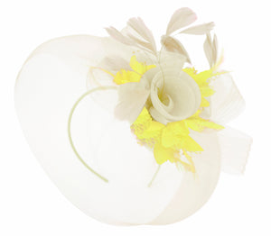 Caprilite Cream and Yellow Fascinator on Headband Veil UK Wedding Ascot Races Hatinator Women