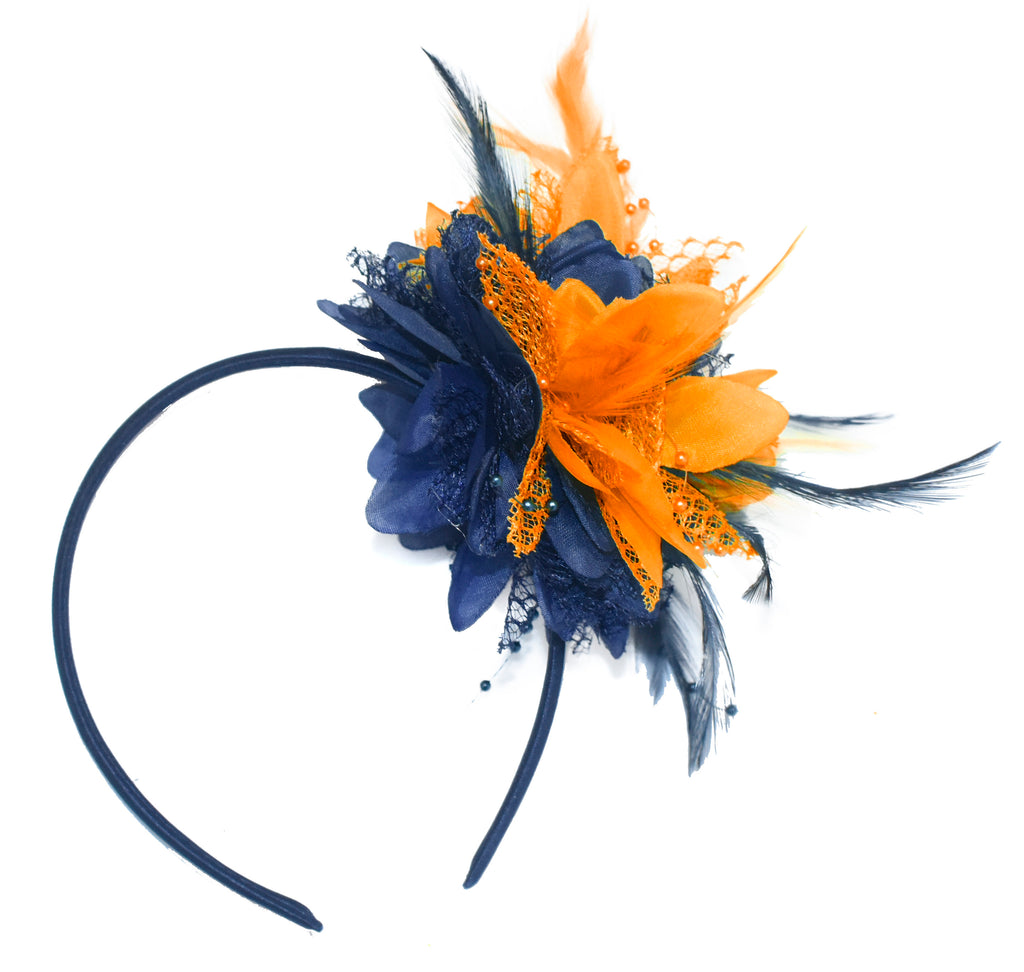 Caprilite Navy and Orange Fascinator Headband Hair Band Flower Corsage
