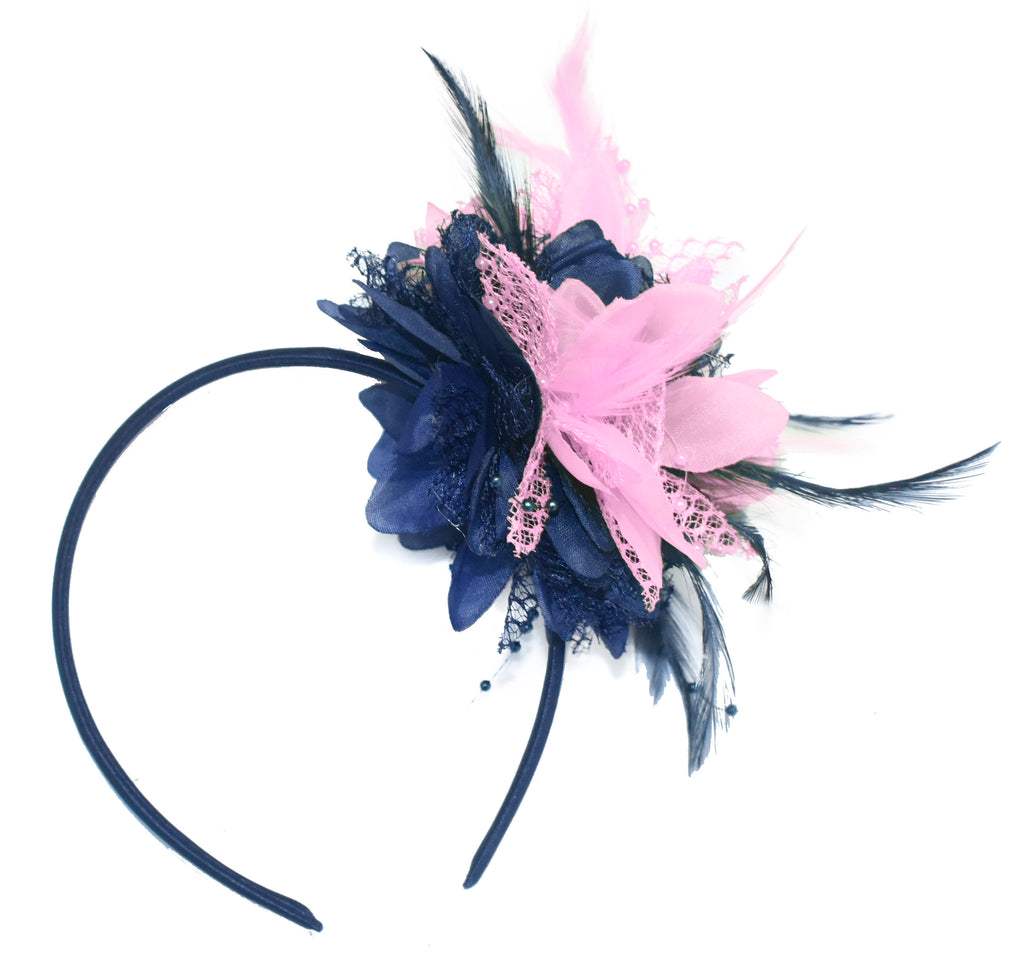 Caprilite Navy and Baby Pink Fascinator Headband Hair Band Flower Corsage