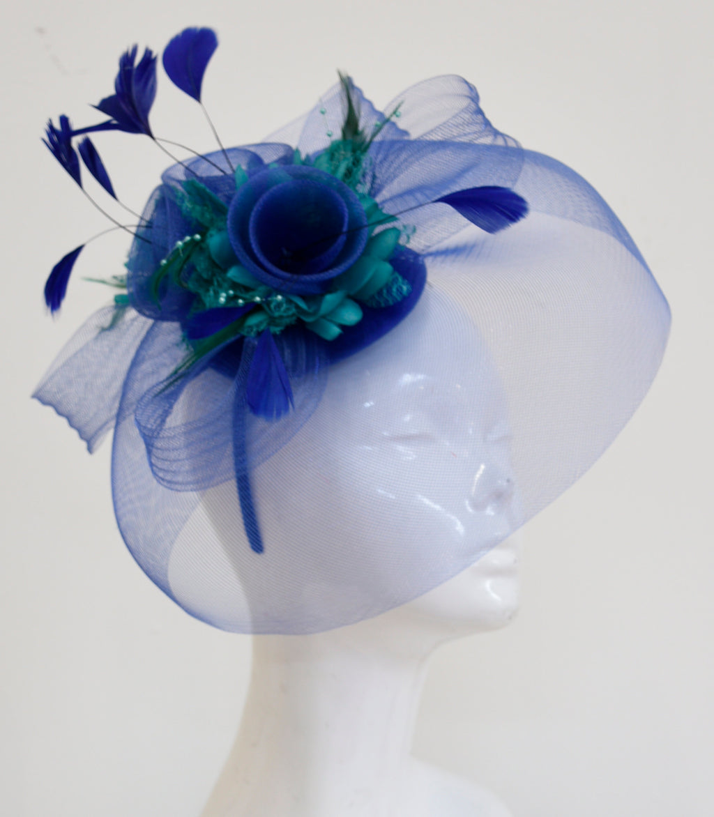 Caprilite Big Royal Blue and Teal Turquoise Fascinator Hat Veil Net Hair Clip Ascot Derby Races Wedding Headband Feather Flower