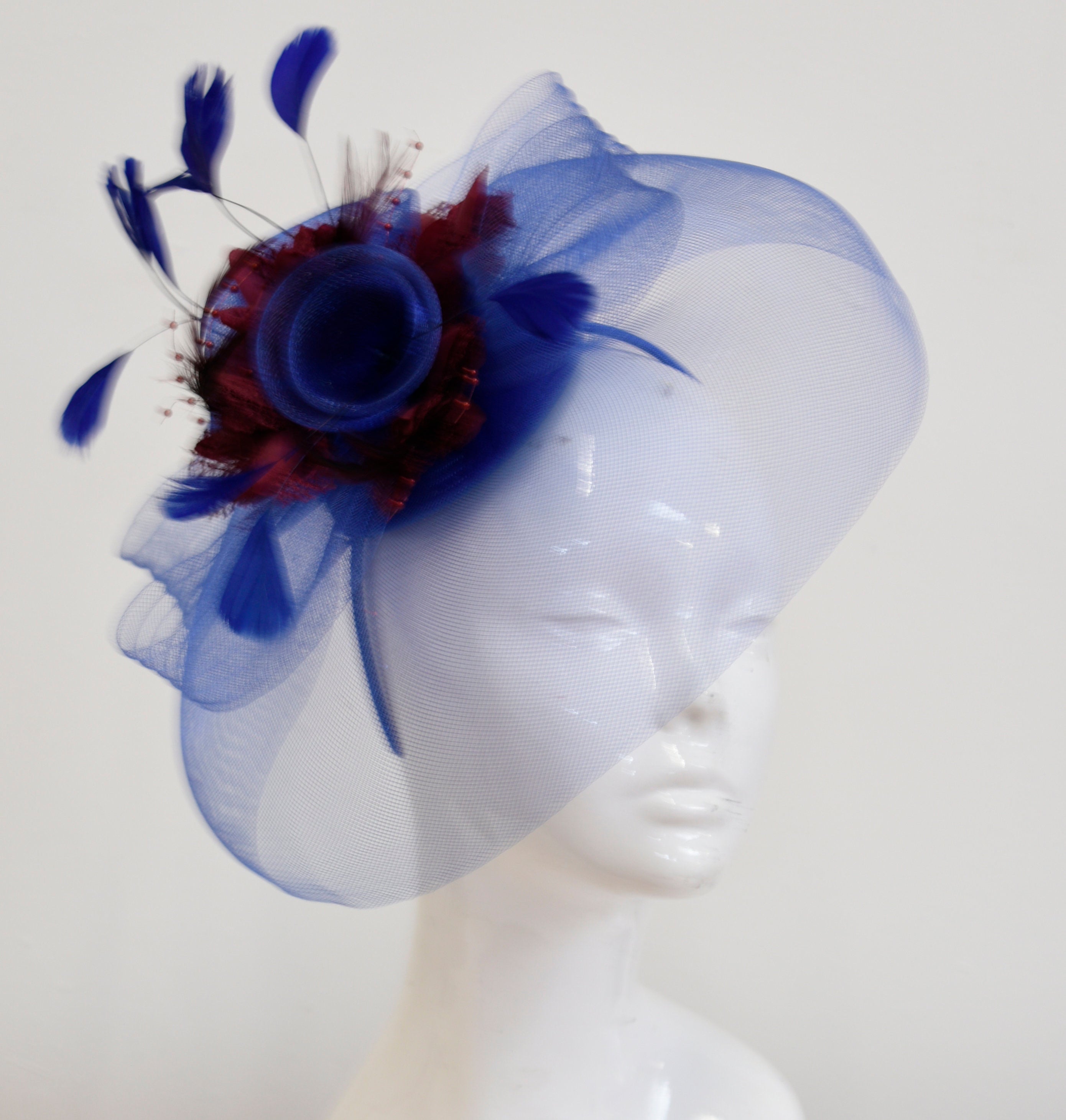 Caprilite Big Royal Blue and Burgundy Fascinator Hat Veil Net Hair Clip Ascot Derby Races Wedding Headband Feather Flower