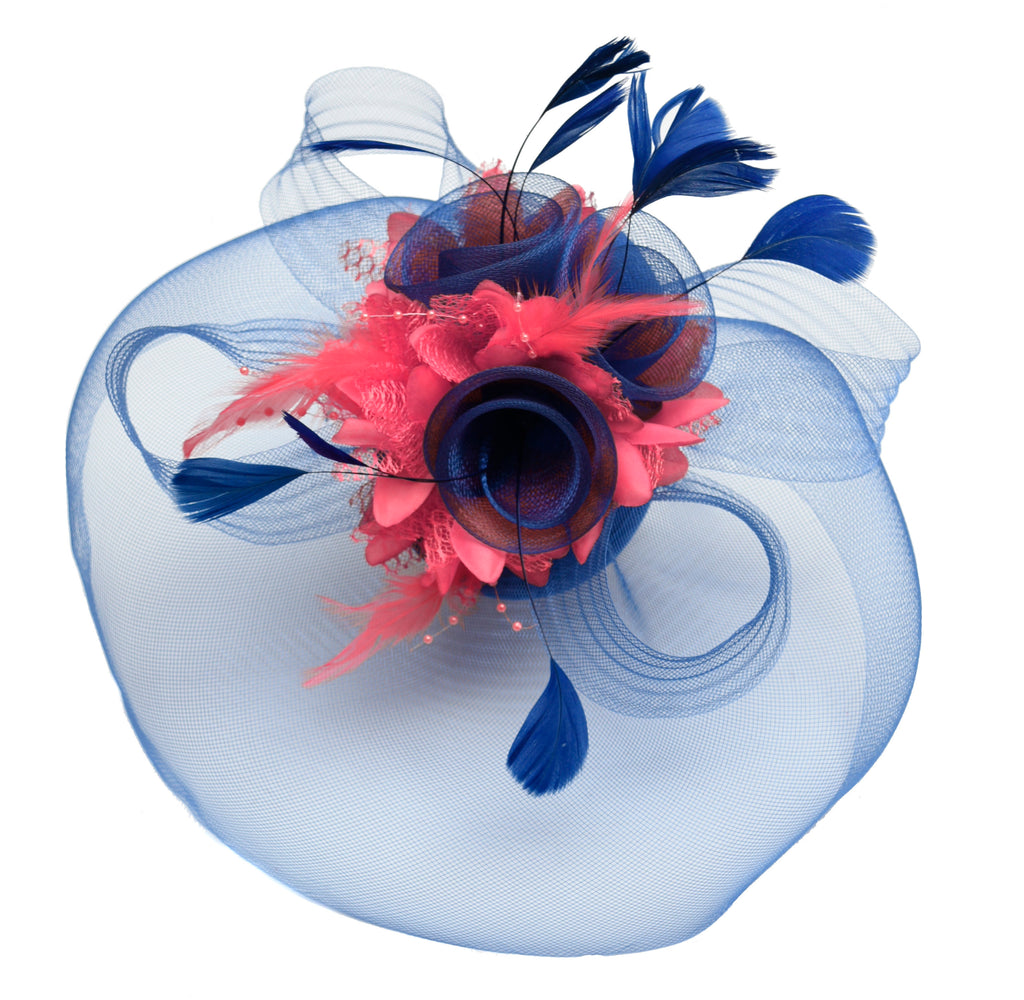 Caprilite Big Royal Blue and Coral Fascinator Hat Veil Net Hair Clip Ascot Derby Races Wedding Headband Feather Flower