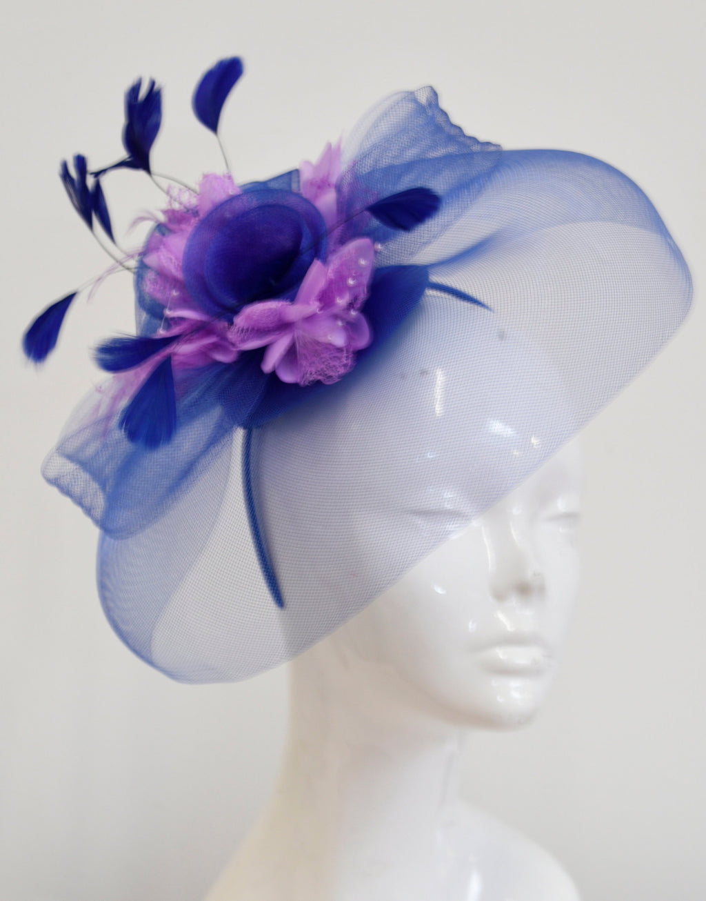 Caprilite Big Royal Blue and Lilac Fascinator Hat Veil Net Hair Clip Ascot Derby Races Wedding Headband Feather Flower