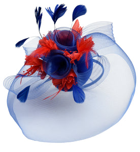 Caprilite Big Royal Blue and Red Fascinator Hat Veil Net Hair Clip Ascot Derby Races Wedding Headband Feather Flower
