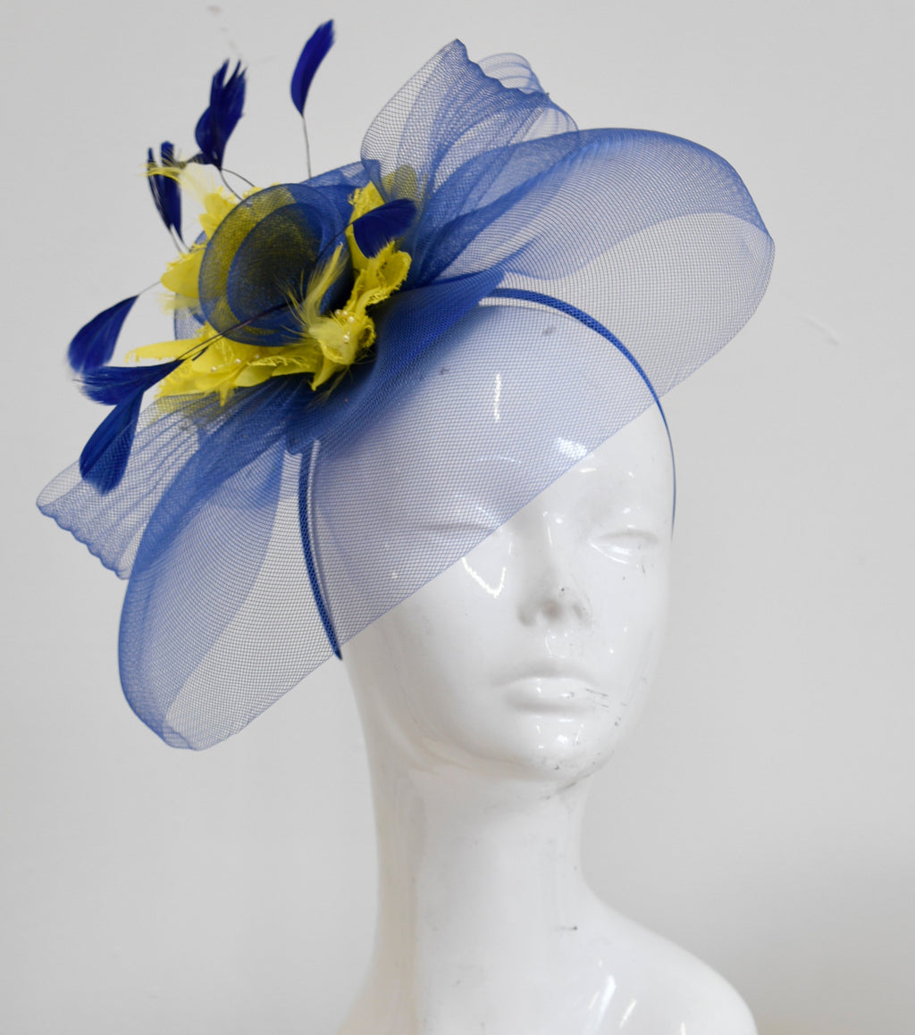 Caprilite Big Royal Blue and Yellow Fascinator Hat Veil Net Hair Clip Ascot Derby Races Wedding Headband Feather Flower
