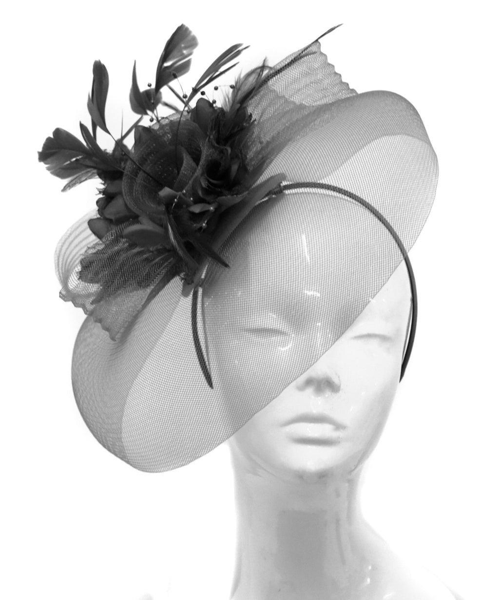 Caprilite Big Black and Black Fascinator Hat Veil Net Hair Clip Ascot Derby Races Wedding Headband Feather Flower