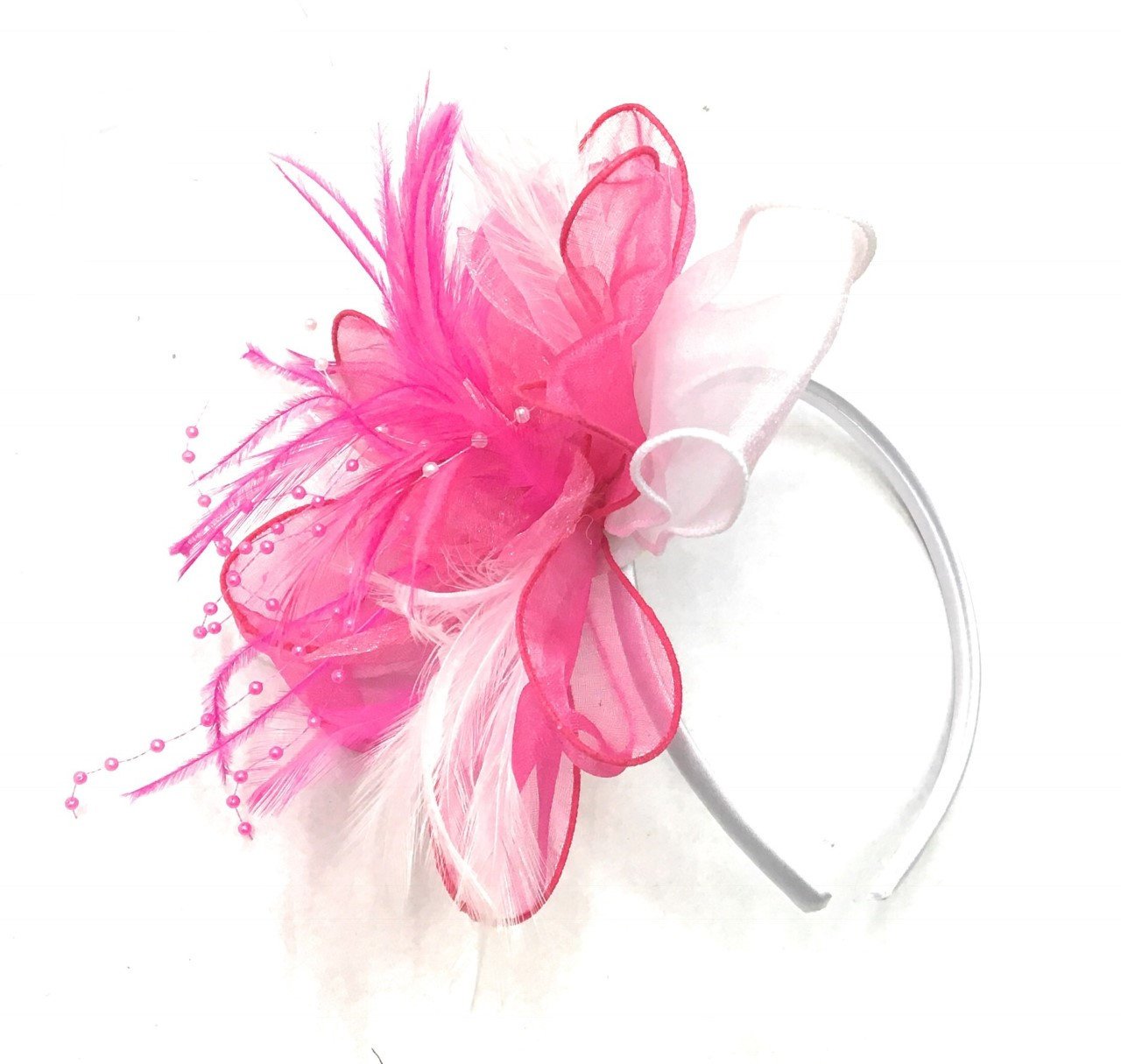 Caprilite Fuchsia Pink & White Chiffon Feathers Fascinator on Headband Ascot Wedding
