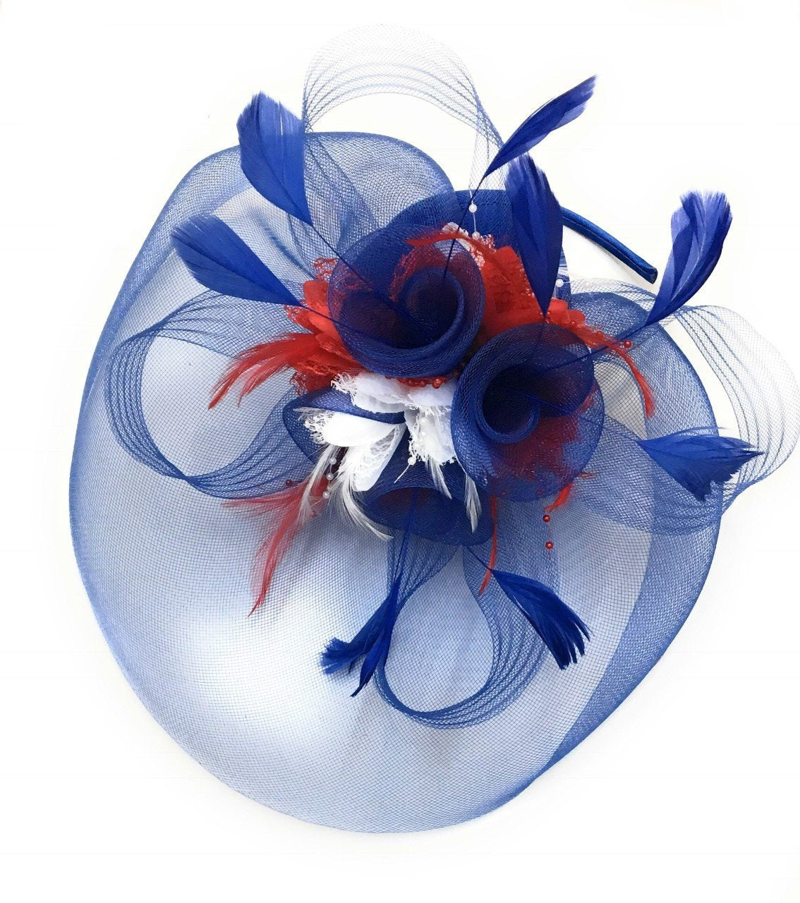 Caprilite Big Royal Blue, Red and White Union Jack Fascinator Hat Veil Net Ascot Derby Races Wedding Headband Alice Band Feather Flower