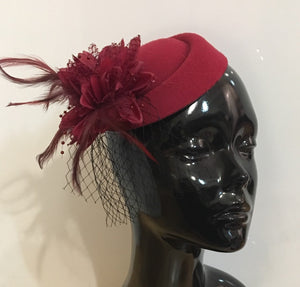 Caprilite Burgundy Wine Red Fascinator Hat Pill Box Flower Black Veil Hatinator UK Wedding Ascot Races Clip Felt