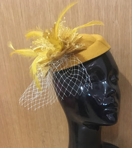 Caprilite Mustard Yellow and Gold Fascinator Hat Pill Box Flower White Veil Hatinator UK Wedding Ascot Races Clip Felt