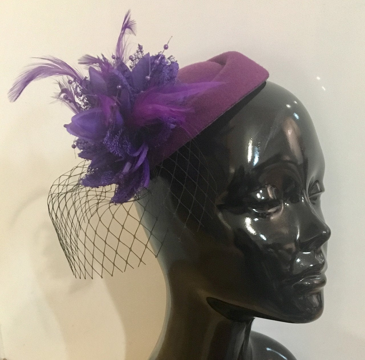 Caprilite Cadbury Purple Fascinator Hat Pill Box Flower Black Veil Hatinator UK Wedding Ascot Races Clip Felt