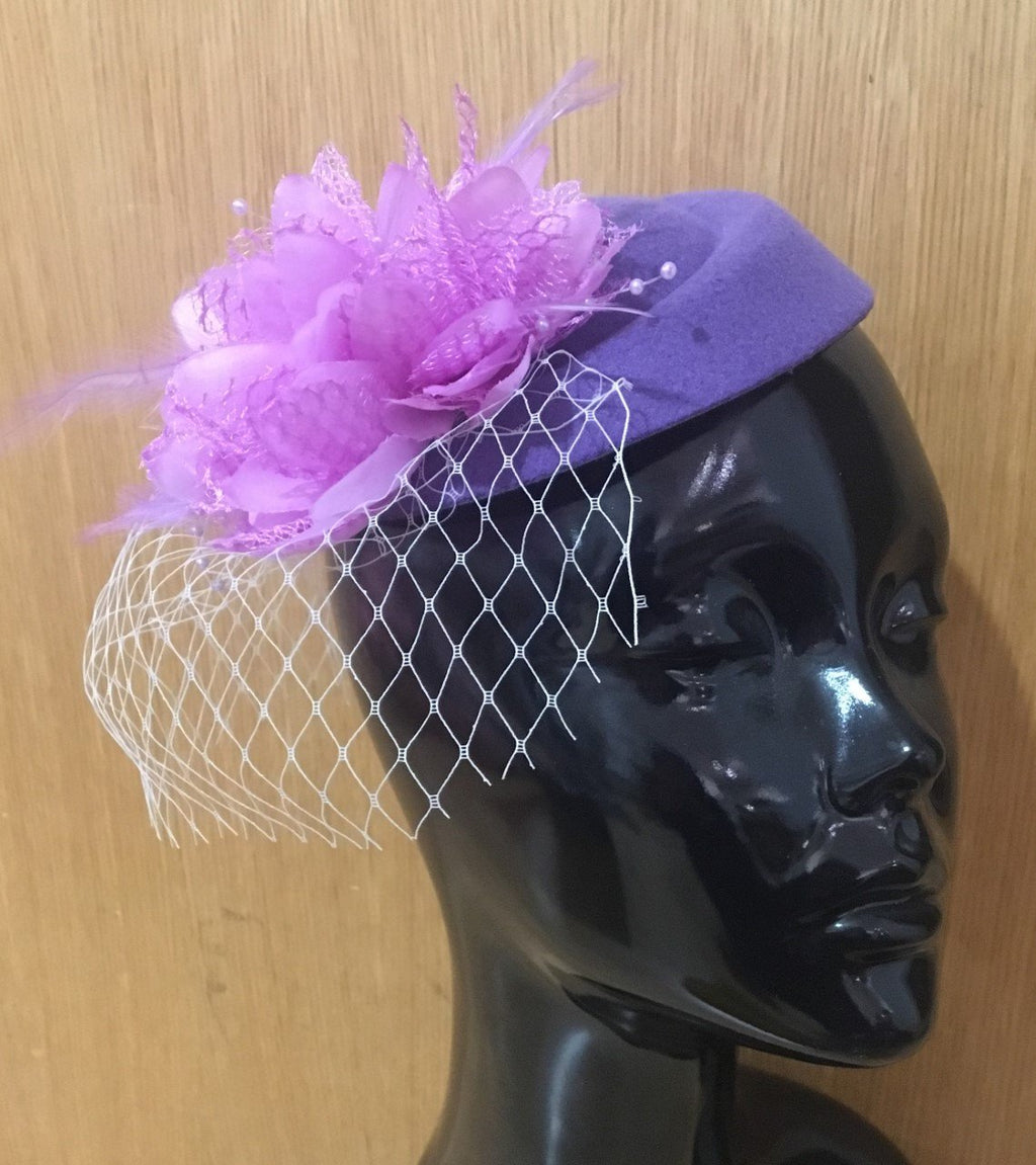 Caprilite Lavender and Lilac Purple Fascinator Hat Pill Box Flower White Veil Hatinator UK Wedding Ascot Races Clip Felt