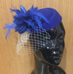 Caprilite Royal Cobalt Blue Fascinator Hat Pill Box Flower White Veil Hatinator UK Wedding Ascot Races Clip Felt