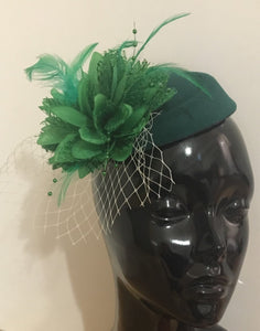 Caprilite Forest Green Grass Green Fascinator Hat Pill Box Flower White Veil Hatinator UK Wedding Ascot Races Clip Felt