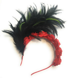 Caprilite Black and Green Fluffy Feather and Red Roses Fascinator Headband Alice Band Wedding Ascot Races