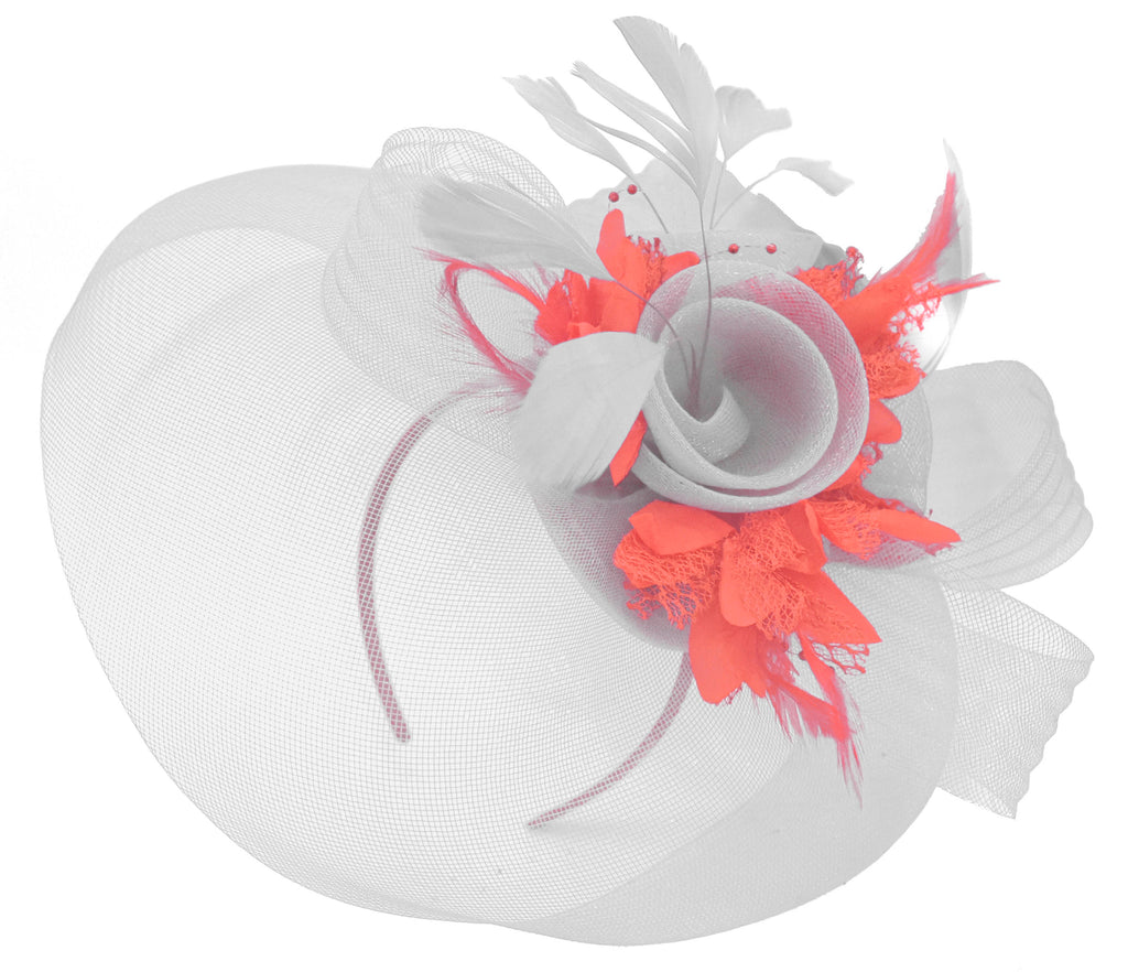 Caprilite Grey Silver and Coral Pink Fascinator on Headband Veil UK Wedding Ascot Races Hatinator