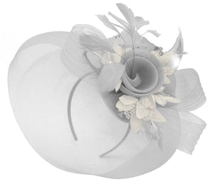 Caprilite Grey Silver and Cream Ivory Fascinator on Headband Veil UK Wedding Ascot Races Hatinator