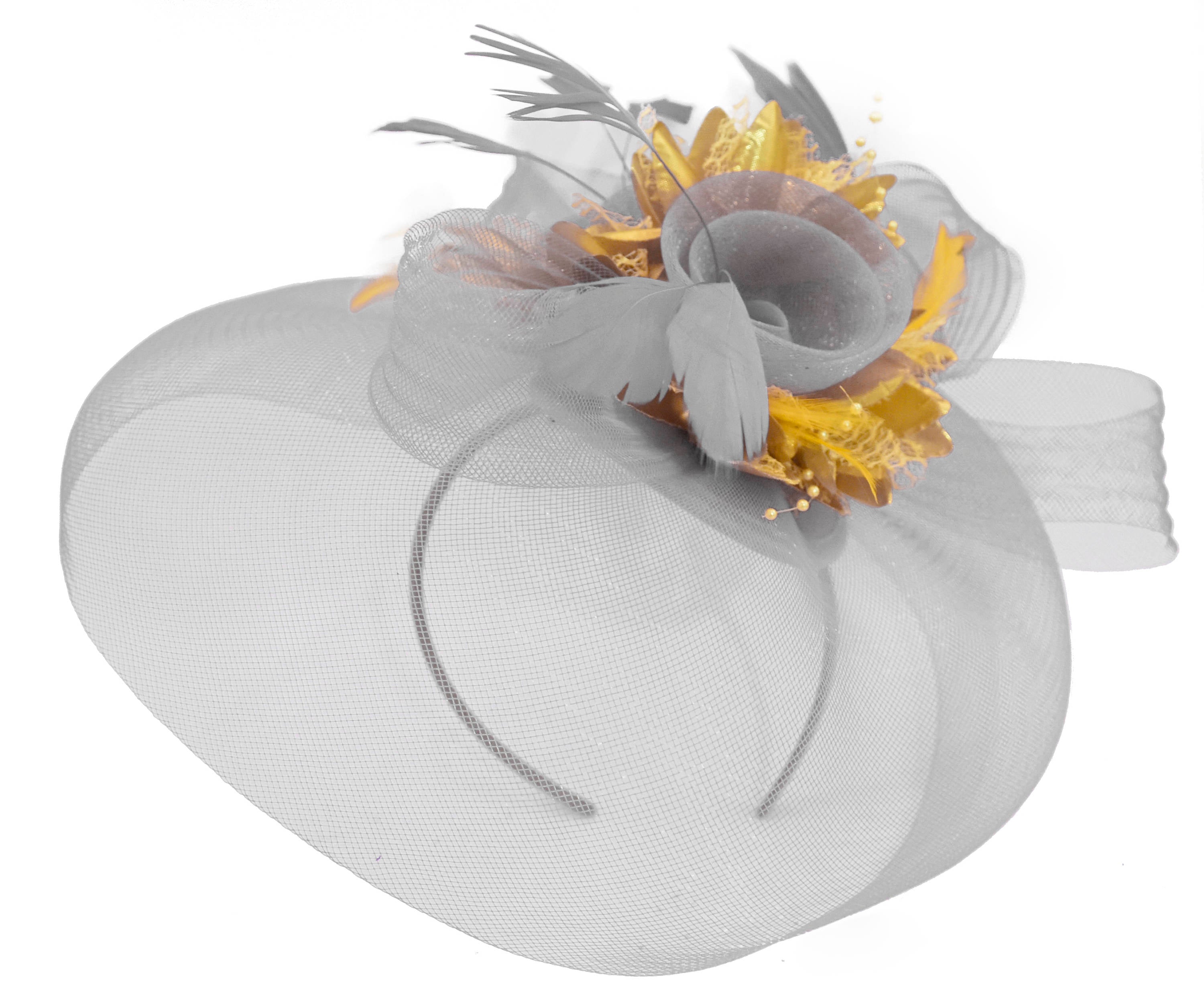 Caprilite Grey Silver and Gold Fascinator on Headband Veil UK Wedding Ascot Races Hatinator