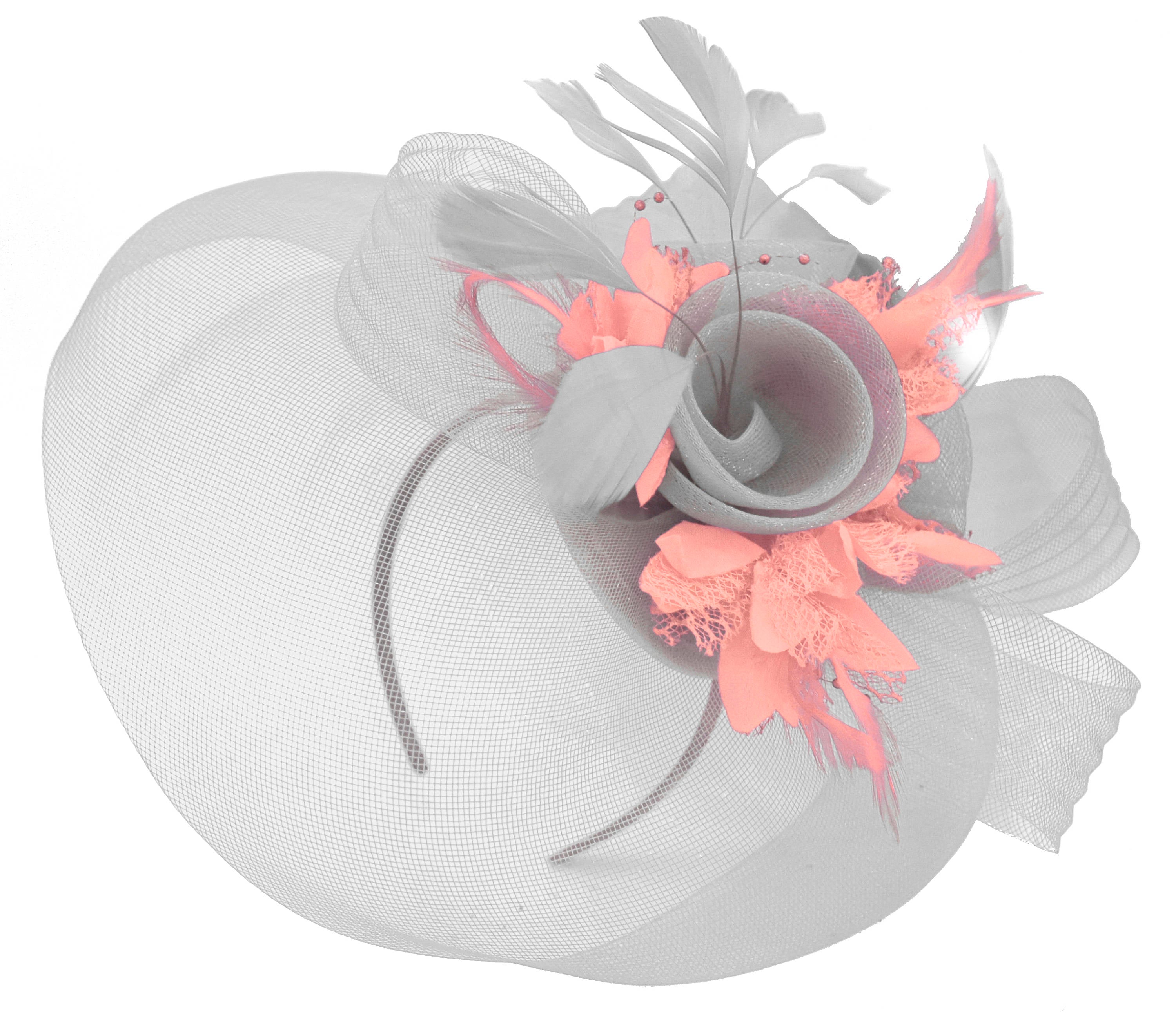 Caprilite Grey Silver and Peach Pink Fascinator on Headband Veil UK Wedding Ascot Races Hatinator