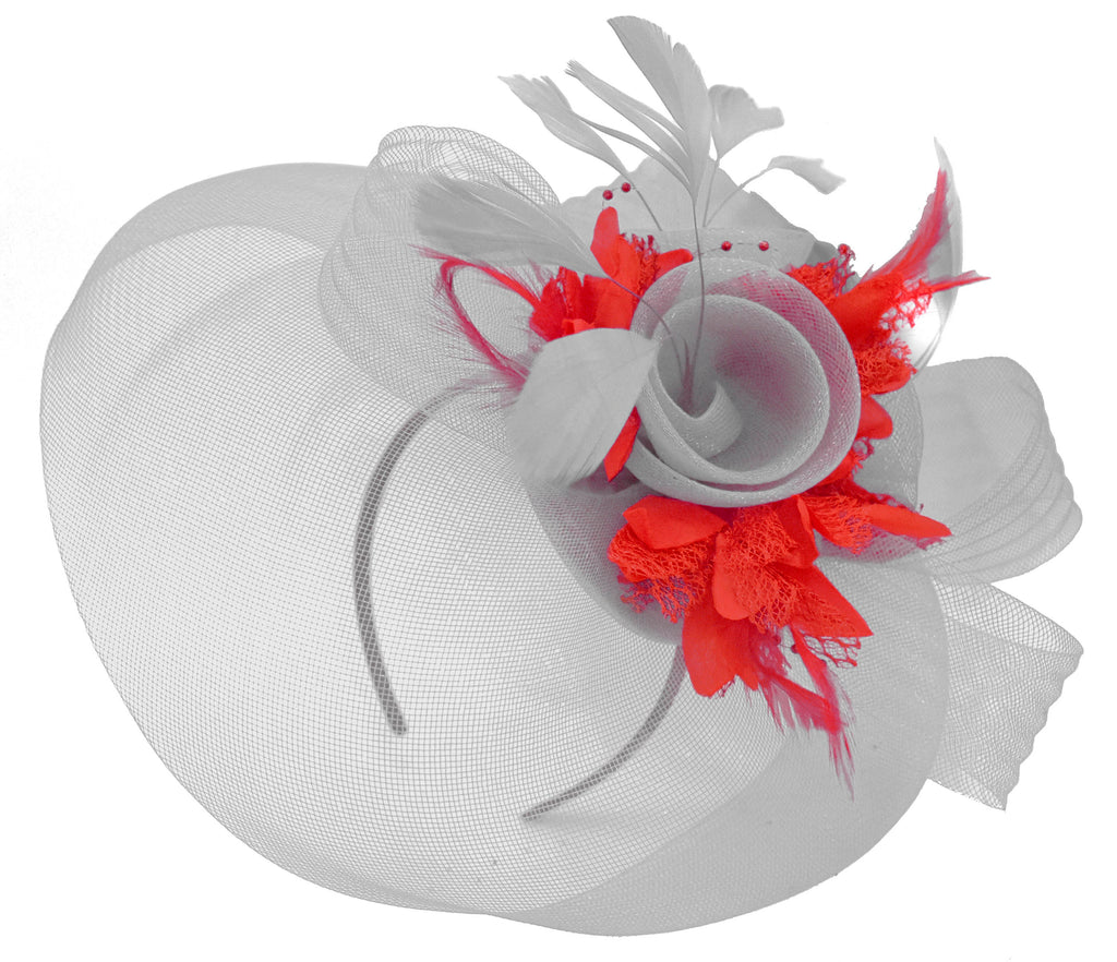 Caprilite Grey Silver and Red Fascinator on Headband Veil UK Wedding Ascot Races Hatinator