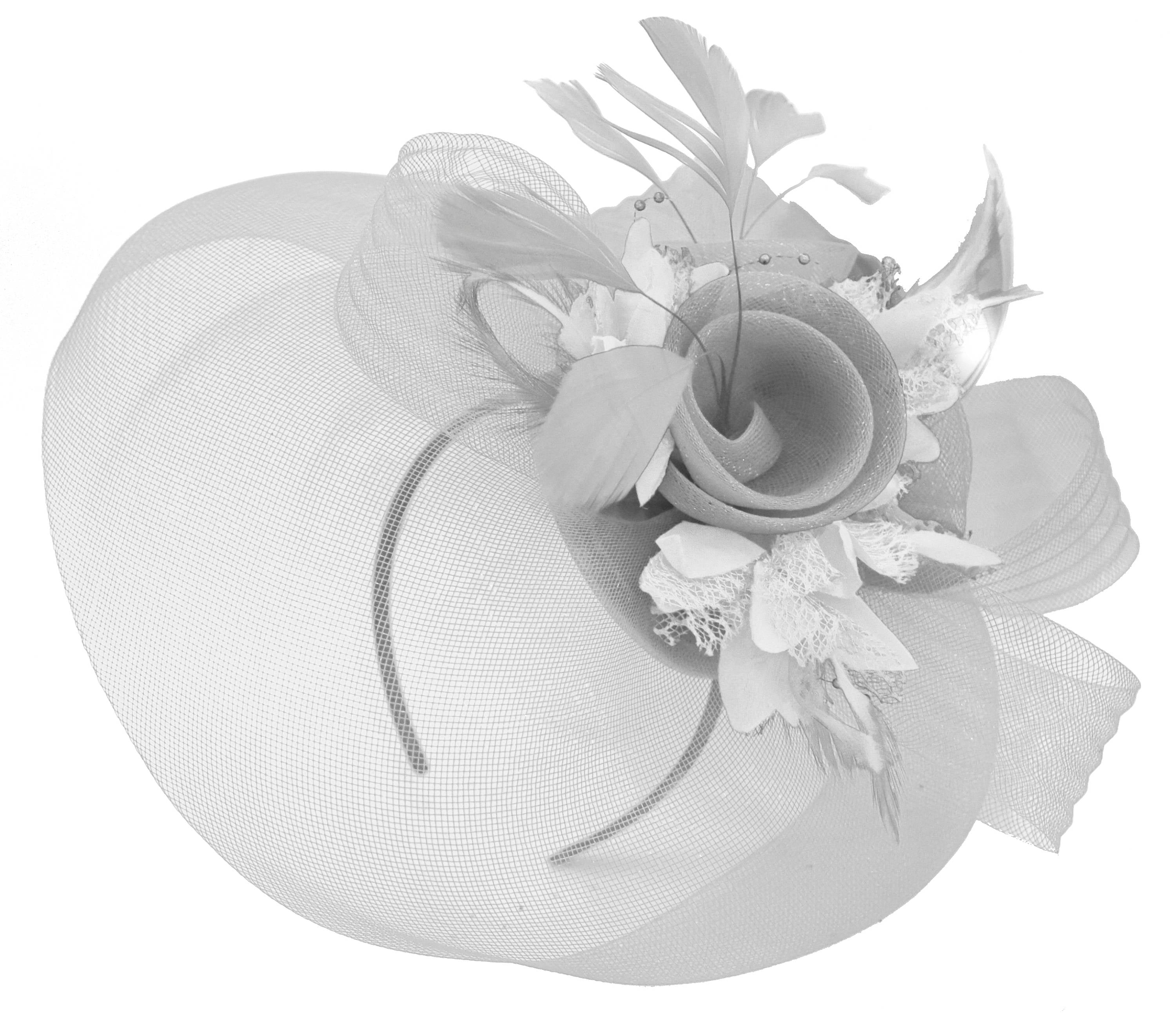 Caprilite Grey Silver and White Fascinator on Headband Veil UK Wedding Ascot Races Hatinator