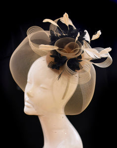 Caprilite Big Beige Camel Black Fascinator Hat Veil Net Hair Clip Ascot Derby Races Wedding Headband