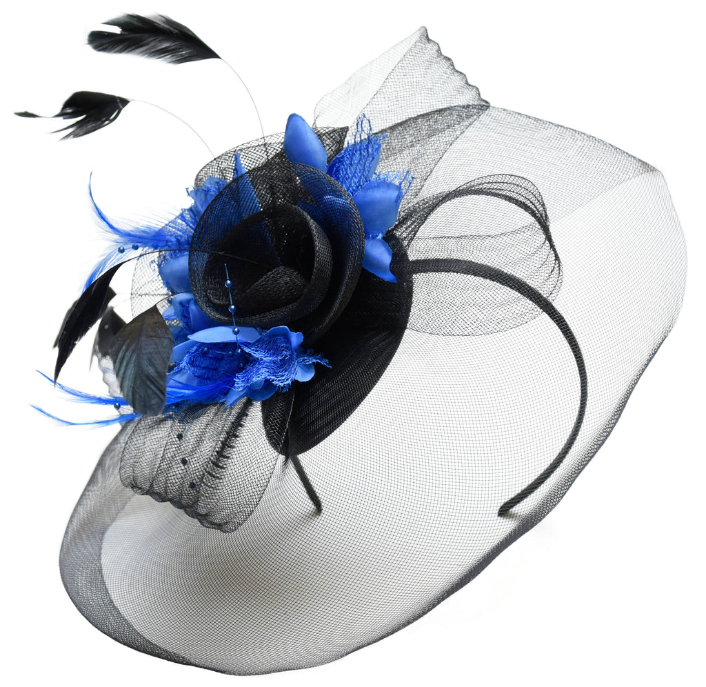 Caprilite Big Black and Royal Blue Fascinator Hat Veil Net Hair Clip Ascot Derby Races Wedding Headband Feather Flower