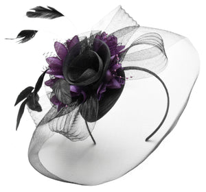 Caprilite Big Black and Purple Dark Fascinator Hat Veil Net Hair Clip Ascot Derby Races Wedding Headband Feather Flower