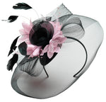 Caprilite Big Black and Baby Pink Fascinator Hat Veil Net Hair Clip Ascot Derby Races Wedding Headband Feather Flower