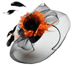 Caprilite Big Black and Orange Fascinator Hat Veil Net Hair Clip Ascot Derby Races Wedding Headband Feather Flower
