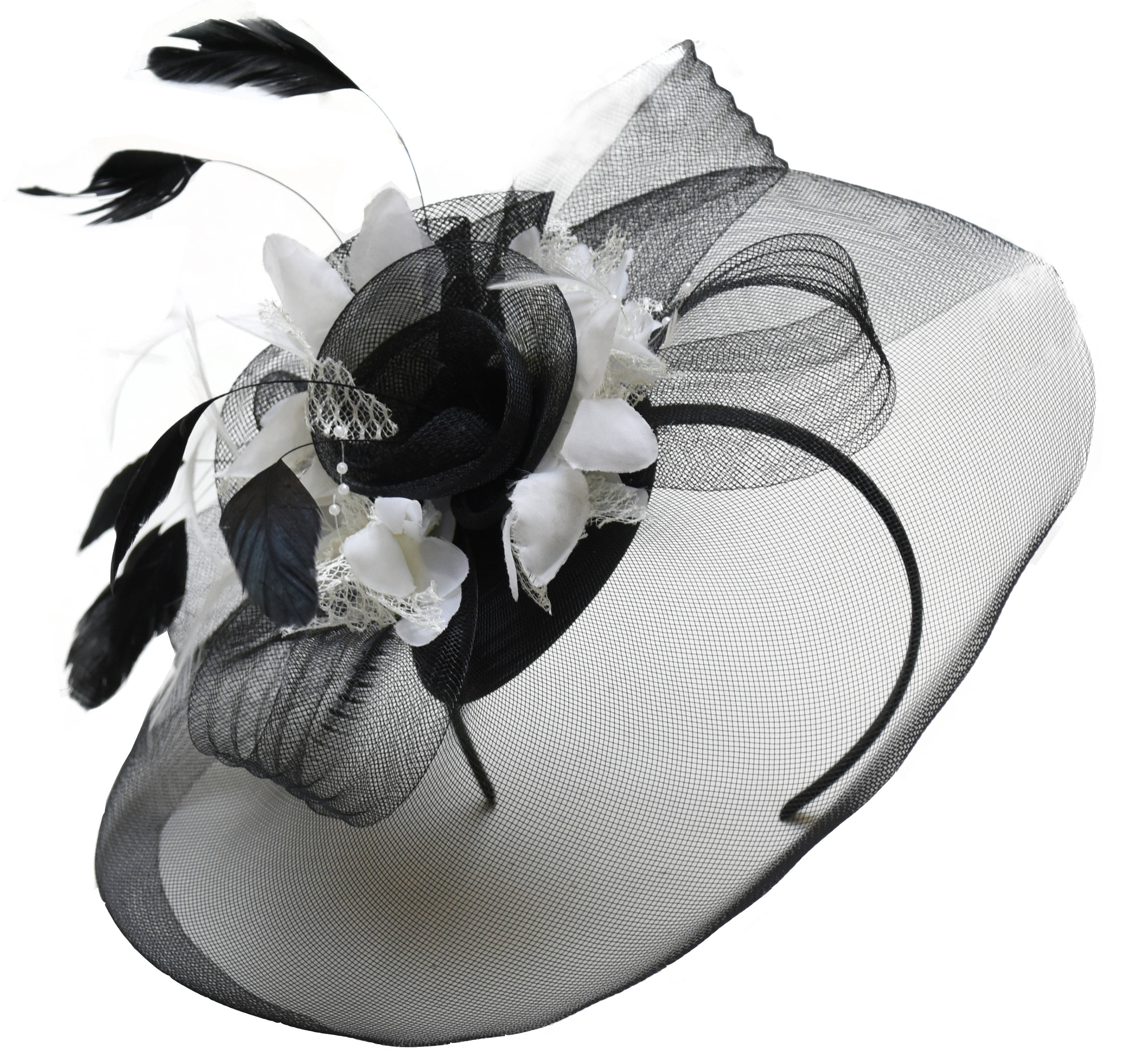 Caprilite Big Black and Cream Ivory Fascinator Hat Veil Net Hair Clip Ascot Derby Races Wedding Headband Feather Flower