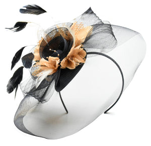 Caprilite Big Black and Beige Camel Fascinator Hat Veil Net Hair Clip Ascot Derby Races Wedding Headband Feather Flower