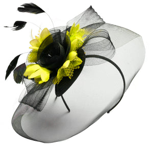 Caprilite Big Black and Yellow Fascinator Hat Veil Net Hair Clip Ascot Derby Races Wedding Headband Feather Flower